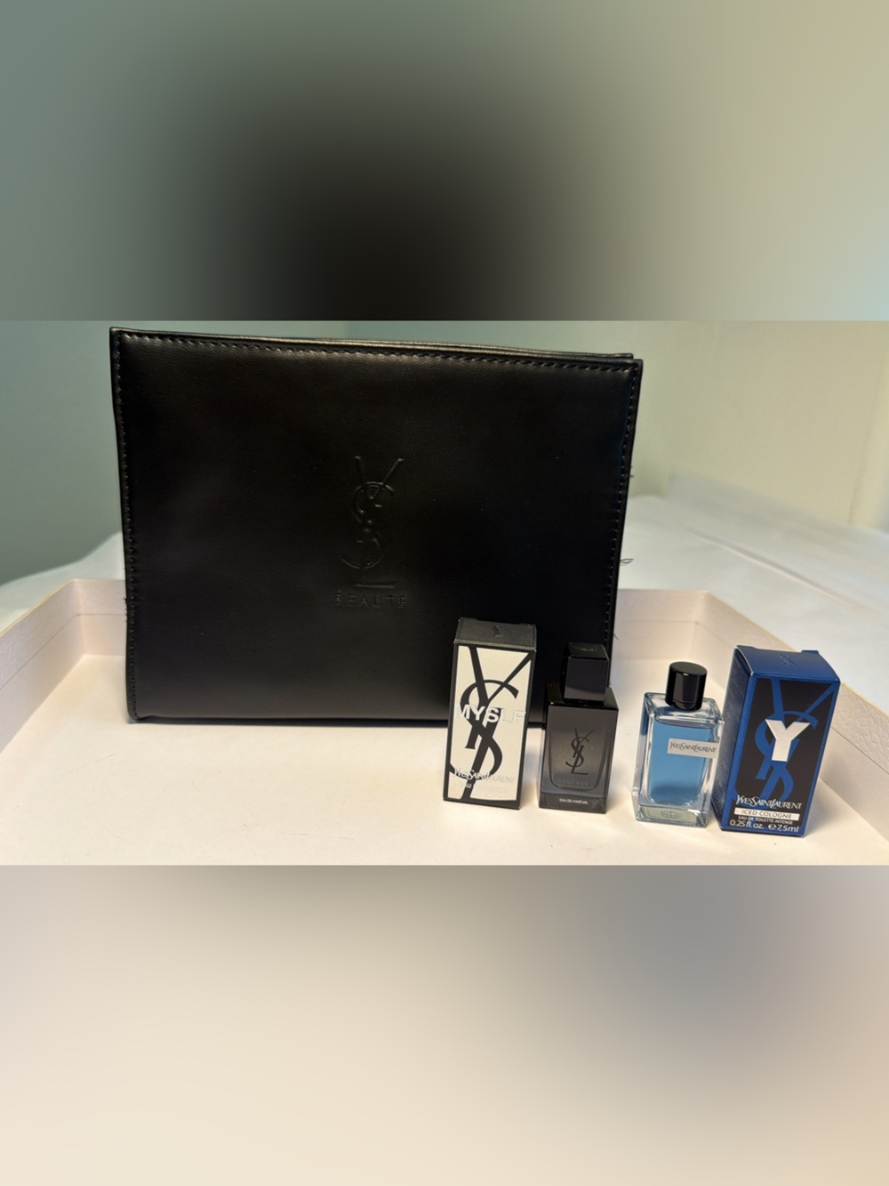 NewYves Saint Laurent Black fauxLeather pouch cosmetic bag with 2 mini perfume33